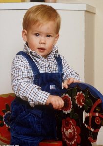 Harry is seen with his distinctive reddish hair and wearing a blue dungaree and shirt in another shot taken at the same age as Lilibet (see above). Photo Credits - Tim Graham/Getty Images