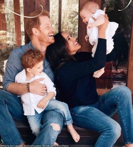 The royal second cousins of Harry and Meghan were invited to Lilibet's first birthday celebration, in Windsor and was described as "relaxed." The family with children Archie and Lilibet is pictured. Photo Credits - Alaxi Lubomorski? Archewell Foundation? The Duke and Duchess of Sussex